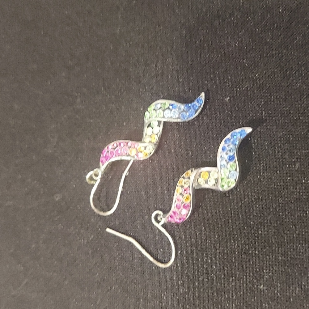 Sterling Silver Rainbow CZ Wave Earrings - Picture 3 of 4